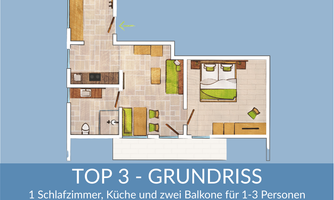 The image shows the floor plan of an apartment with one bedroom, a kitchen, and two balconies. This accommodation is suitable for 1-3 people.