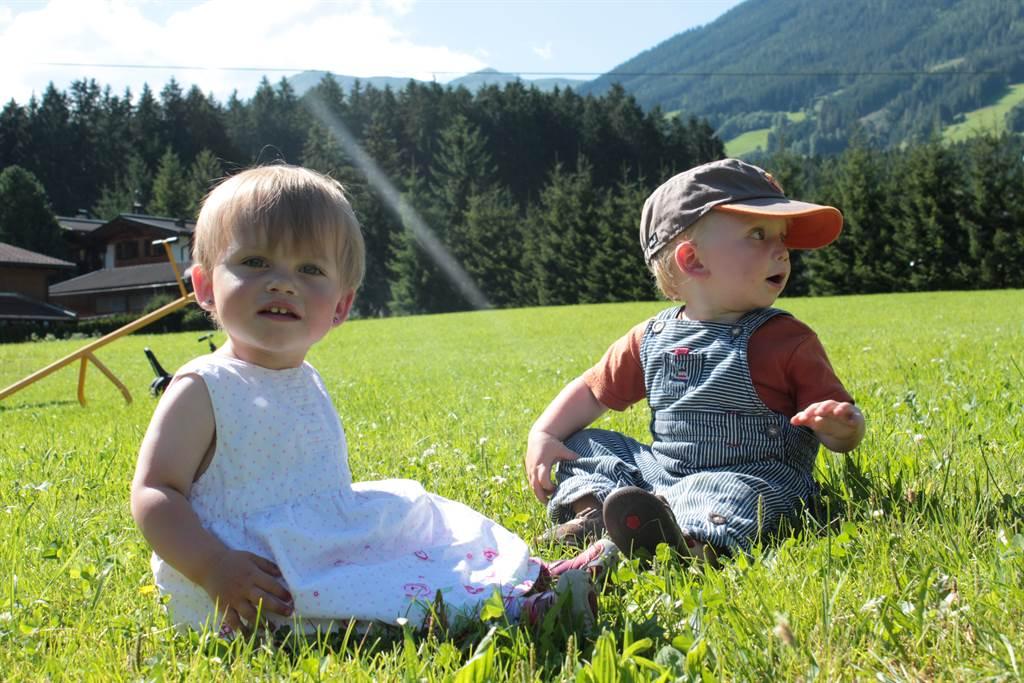 Two small children are sitting on a green meadow with mountains in the background. The sun is shining and the sky is blue.