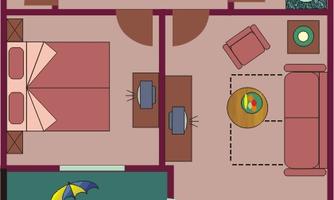 A simple room layout with two bedrooms and a living area. The room features a sofa, a table, and a sunny area with a parasol.