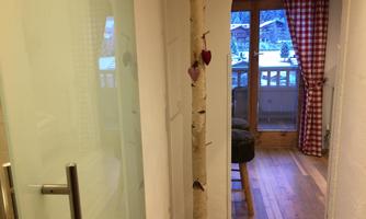 A cozy hallway with a birch tree and a view of a balcony. In the background, there is a wooden chair, a window, and red-and-white curtains.