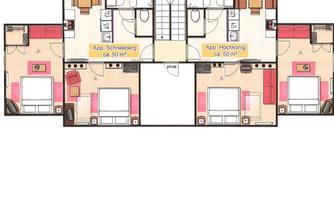A floor plan sketch of two apartments, named App. Schneeberg and App. Hochkönig. Each apartment has a living area, sleeping rooms, and bathrooms.