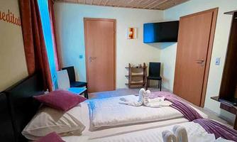 A cozy bedroom with two beds, a wooden ceiling, and soft colors. The room is well equipped with a chair, a television, and decorative design.