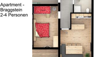 A sketch of an apartment with space for 2-4 people. It shows a bedroom with a red bed and a living area with a kitchen.