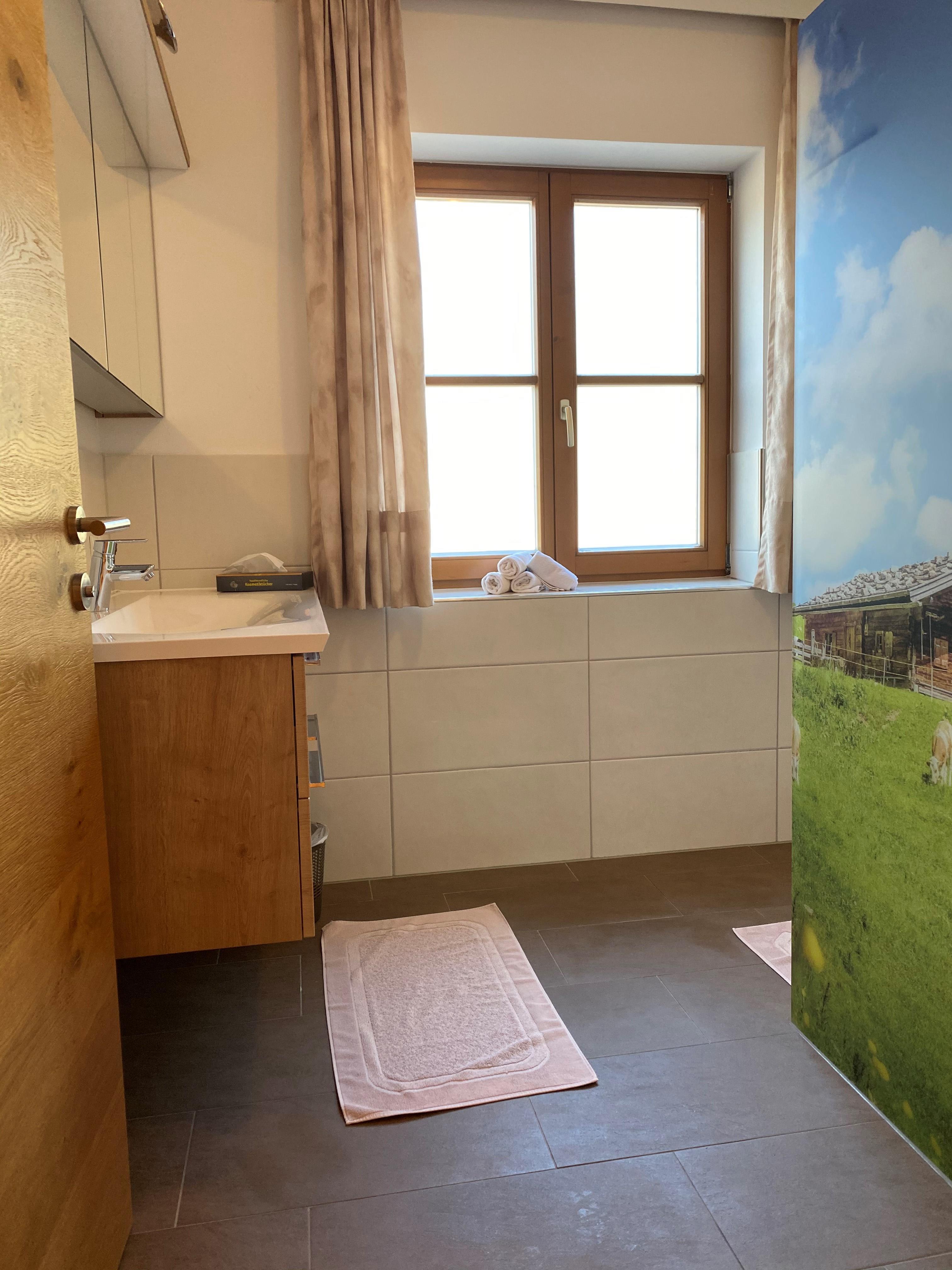 A modern bathroom with a window and wooden furniture. Two pink towels are on the floor.