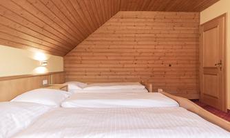 A cozy bedroom with wood paneling and two beds. The room has an inviting atmosphere and a simple, warm decor.