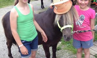 Two girls are standing next to a small pony that is wearing a hat. In the background, green meadows and a landscape can be seen.
