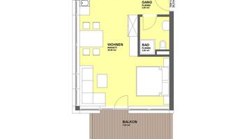 A floor plan of an apartment with different rooms. The apartment includes a living area, a bathroom, and a balcony.