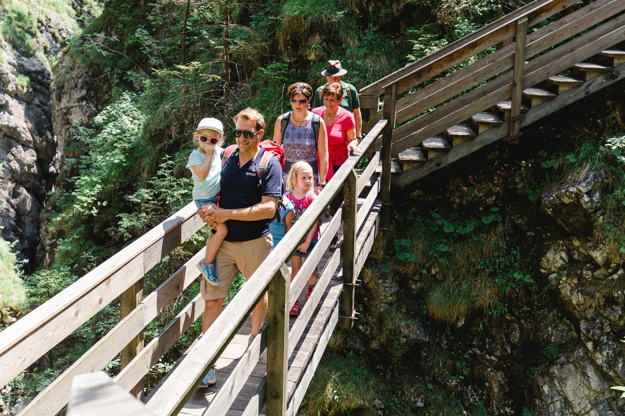 A family is hiking on a wooden bridge in a picturesque gorge. Surrounded by lush greenery and rocks, they are enjoying nature.