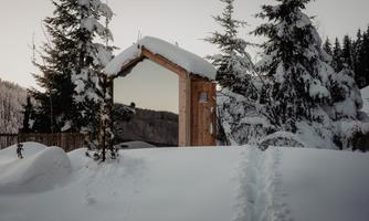 A snow-covered area with a wooden frame leading into the background. Surrounded by tall, snowy trees and a tranquil winter landscape.