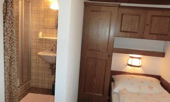 A cozy room with a single bed and an attached bathroom. The furnishings are made of wood, and there is a small wash area with a shower.