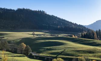A peaceful landscape with gentle hills and forests in the background. The sky is clear and blue, perfect for a calm day in nature.