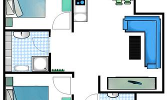 A schematic representation of an apartment with two bedrooms, living room, kitchen, and bathroom. The floor plan shows a functional arrangement of the rooms.