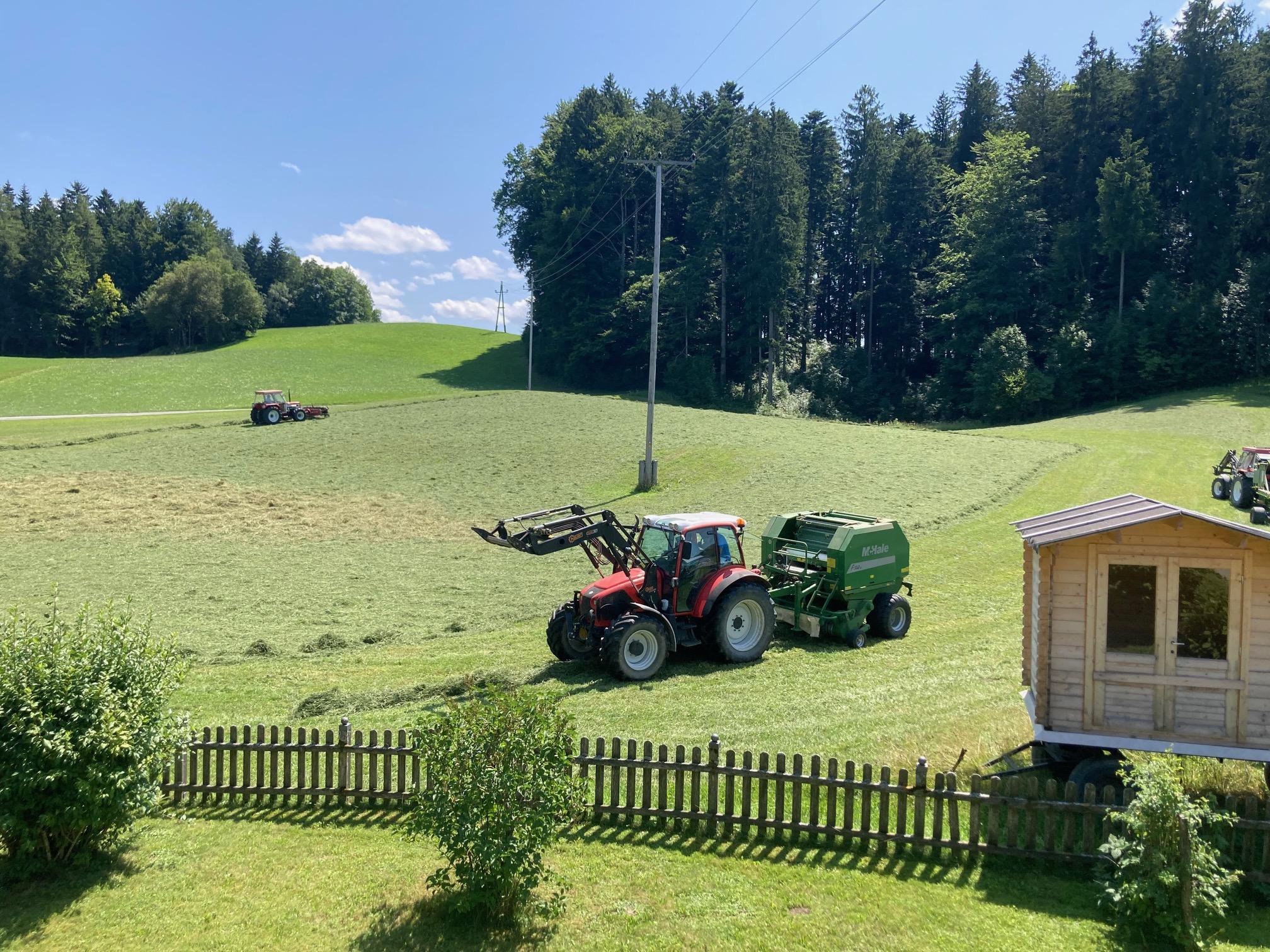 A green field with tractors harvesting hay. In the background, there are trees and a small wooden shed.