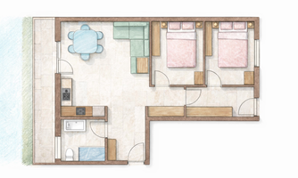 A room layout with two bedrooms, a living room, and a small kitchen. The furnishings are designed to be modern and bright.