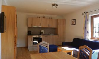 A cozy apartment with an open kitchen area and a living space. The furniture is modern and in light wood tones.