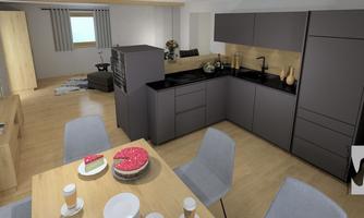 A modern kitchen with dark furniture and a wooden countertop. The dining area is furnished with a table and chairs, and there is fresh fruit on the table.