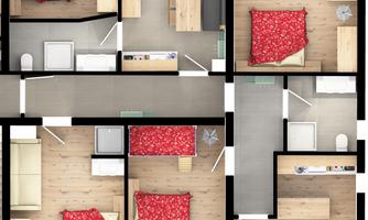 A floor plan drawing of an apartment with several rooms. The furniture and beds are drawn in each room.