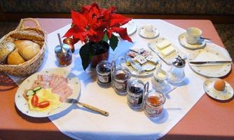 A hearty breakfast buffet with fresh rolls, cold cuts, cheese, and jam. The table also has butter, a boiled egg, and a cup of coffee.