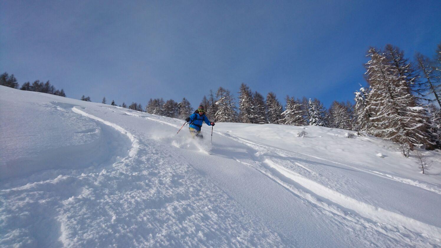 A winter landscape with fresh snow and trees. A skier is gliding through the powder snow under a clear sky.