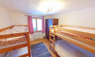 A simple bedroom with bunk beds and a colorful rug. The window lets in a lot of daylight.