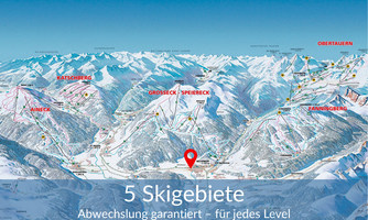 An overview map of five ski resorts in the Alps. The regions offer variety for every level.