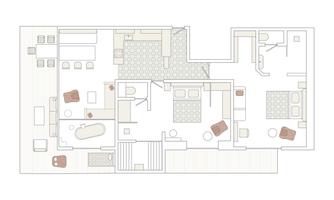 A floor plan sketch of a living space with various rooms. The layout shows an open living area and several bedrooms.