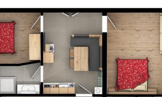 A outlined living space layout with two bedrooms and a central living area. The furniture is arranged modernly and functionally.