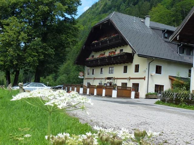 A picturesque house in nature with a landscaped front yard. In the background, trees and a mountain landscape can be seen.