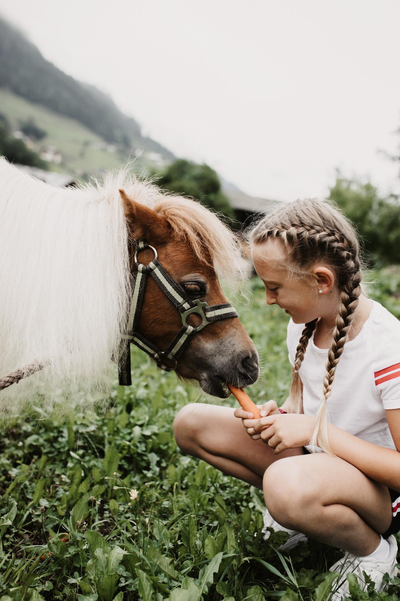 A girl with braids is feeding a little pony a carrot. She is kneeling on the grass and smiling.