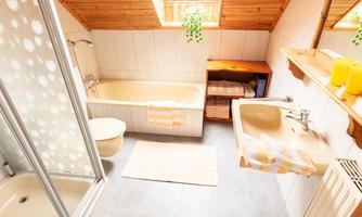 A bright bathroom with a bathtub, shower, and a sink. The room has a wooden ceiling and is well lit by a skylight.