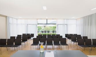 A minimalist conference room with black chairs and a large table. Bright light streams through the windows, offering a view of greenery.