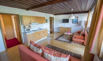 A cozy living room with an open kitchen and modern furniture. The room has large windows that provide plenty of light.