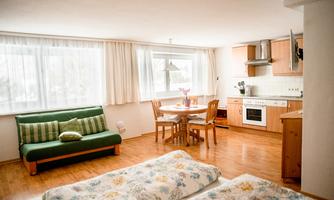 A bright, inviting apartment with wooden floors. It features a cozy seating area, a dining table, and a fully equipped kitchen.