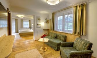 A cozy living room with two sofas, a small table, and wooden flooring. Large windows provide ample natural light and a view of nature.