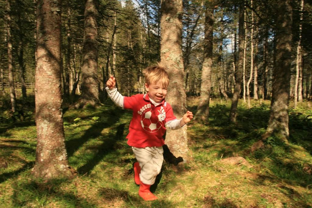 A cheerful boy is running through a forest. He is wearing a red T-shirt with a soccer pattern and has rubber boots on.