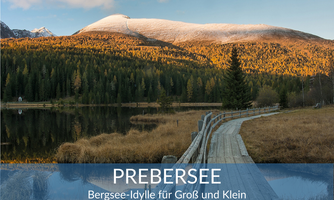A picturesque landscape at Prebersee with mountains and a row of golden trees. A wooden walkway runs along the shore and invites for a stroll.