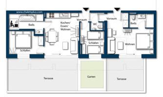 A detailed floor plan of an apartment. The rooms include bedrooms, bathrooms, a kitchen, as well as living and dining areas, and a garden with terraces.
