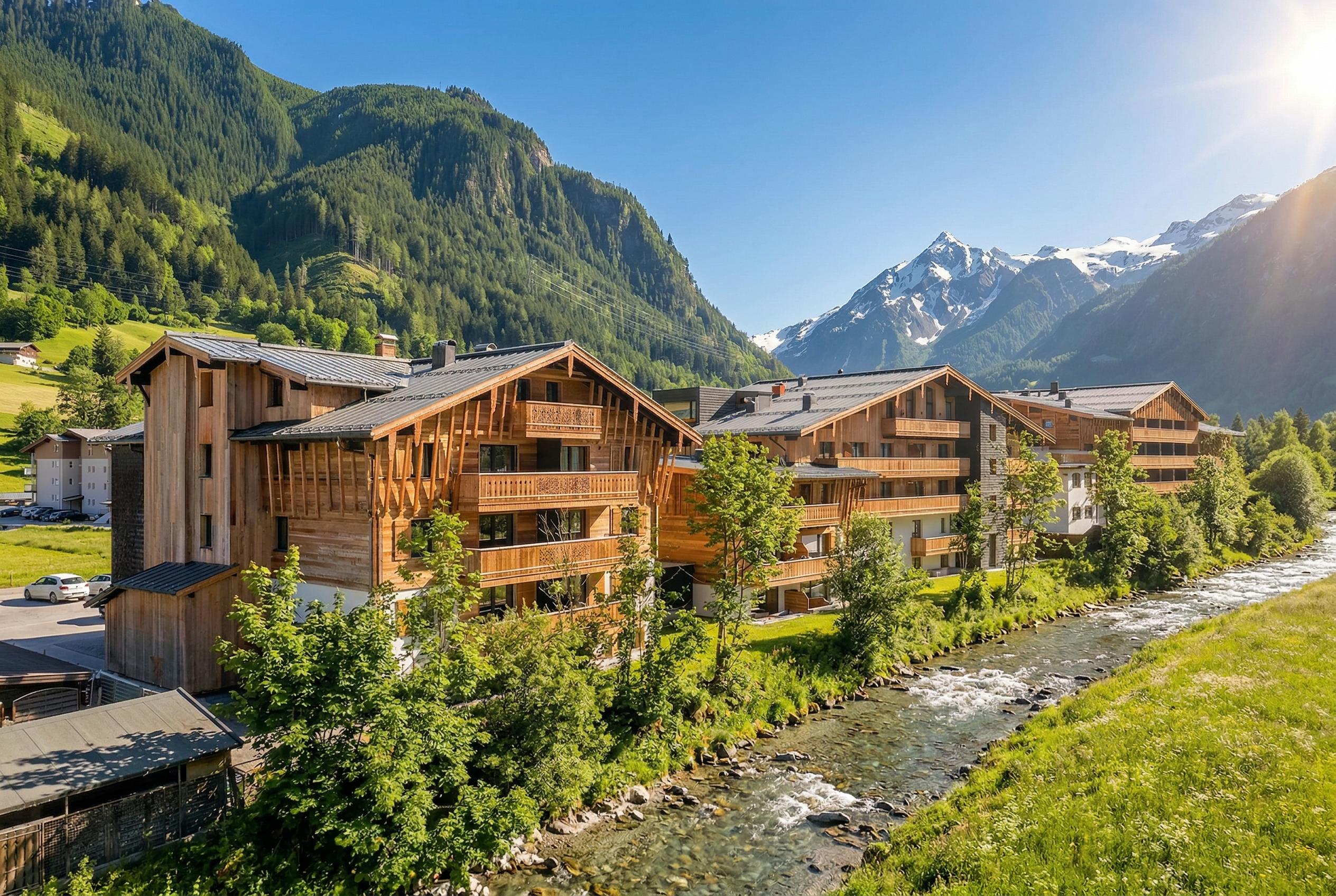 A picturesque mountain landscape with modern wooden buildings. A clear river flows through the green meadow.