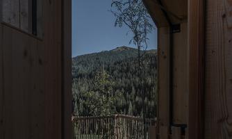 A view from a wooden door onto a green mountain landscape. Nature is surrounded by trees and a rustic fence structure.