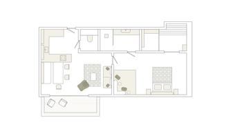 A simple floor plan sketch of an apartment with different living areas. The rooms are clearly separated by lines and include furniture such as sofas and tables.