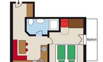 A simply designed apartment with a living room, bathroom, and balcony. The living spaces are clearly arranged and well thought out.