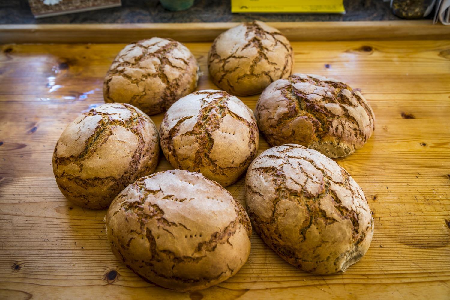 A group of seven round, freshly baked loaves of bread lies on a wooden board. The breads have a golden crust with a textured pattern.
