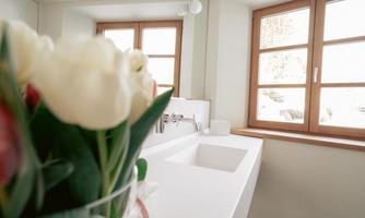 A modern bathroom with an elegant sink and large windows. In the foreground, fresh tulips in a vase can be seen.
