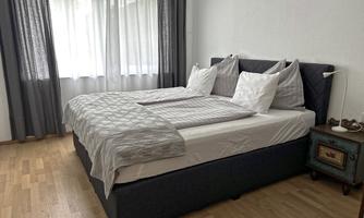 A modern bedroom with a large double bed and cozy pillows. Bright windows let in plenty of light, and the floor is made of wood.