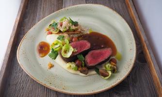 An artistically arranged plate with tender meat, a robust sauce, and fresh vegetables. The colors and textures give the dish an appetizing appearance.