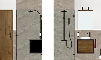 A modern bathroom with a shower, a mirror, and a wooden sink. The walls are made of gray stone and there is a wooden panel as the door.