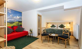 A cozy room with a double bed and a sofa bed.  
The walls are decorated with a landscape motif that shows a beautiful view.
