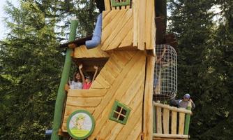 A large wooden tower with slides and windows, surrounded by trees. Children are playing and happily looking out of the tower.