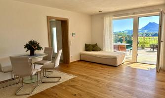 A bright and modern living room with a dining table and chairs. Large windows provide a beautiful view of the mountains and the outdoor area.