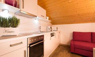 A modern kitchen with white cabinets and a wooden ceiling. In the room stands a red sofa and there are green herb pots on the countertop.